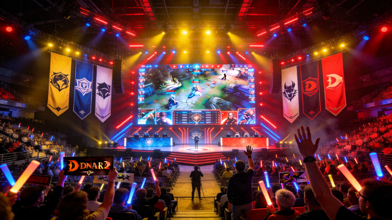 DOTA2国际邀请赛主舞台全景与观众欢呼场景